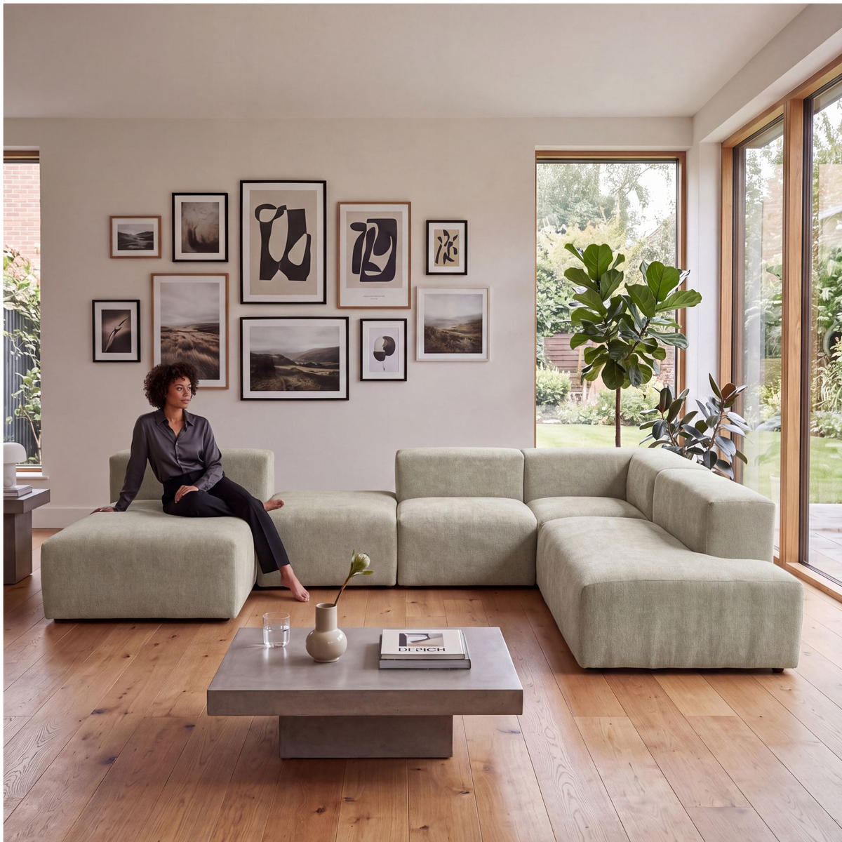 5-SITZER modulares Wohnlandschaft U XXL HEAVEN SET 6 Rechts, Breite 375 cm Webstoff Olivgrün - Schwarz/Olivgrün, Holz/Kunststoff (245/73/375cm) - Muffo