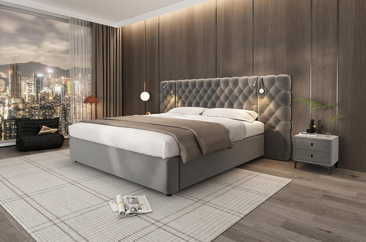 POLSTERBETT 160/200 cm Grau aus Samt mit Stauraum und Leselicht - Grau, Textil (160/200cm) - OKMYHOME