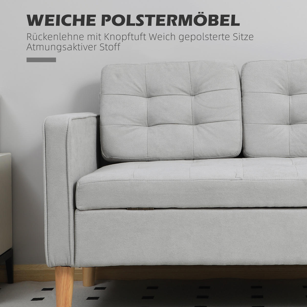 2 Sitzer Sofa, Couch mit Stauraum, Holzbeine, Gepolsterter Polstersofa, Hellgrau - Hellgrau/Naturfarben, Holz/Textil (62/78/117cm) - HOMCOM