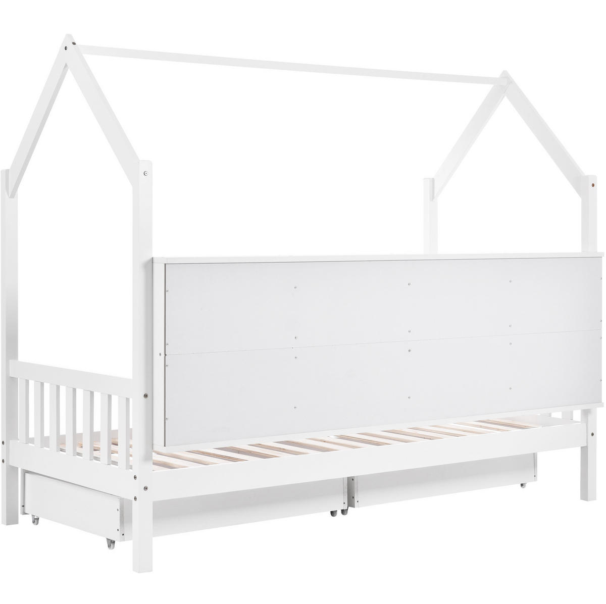 KINDERBETT Hausbett 90/200 cm aus Kiefer massiv mit Bücherregal, 2 Schubladen und Rausfallschutz, Weiß - Weiß, Holz (90/200cm) - Redom