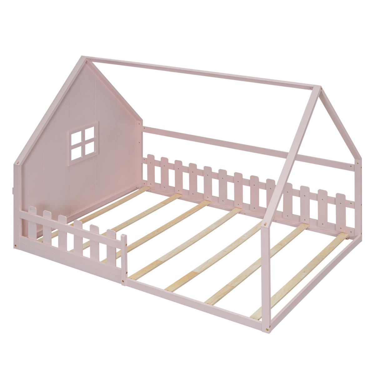KINDERBETT 140/200 cm im Hausdesign mit Geländer aus Kiefer und MDF, Rosa - Rosa, Holzwerkstoff (140/200cm) - Redom