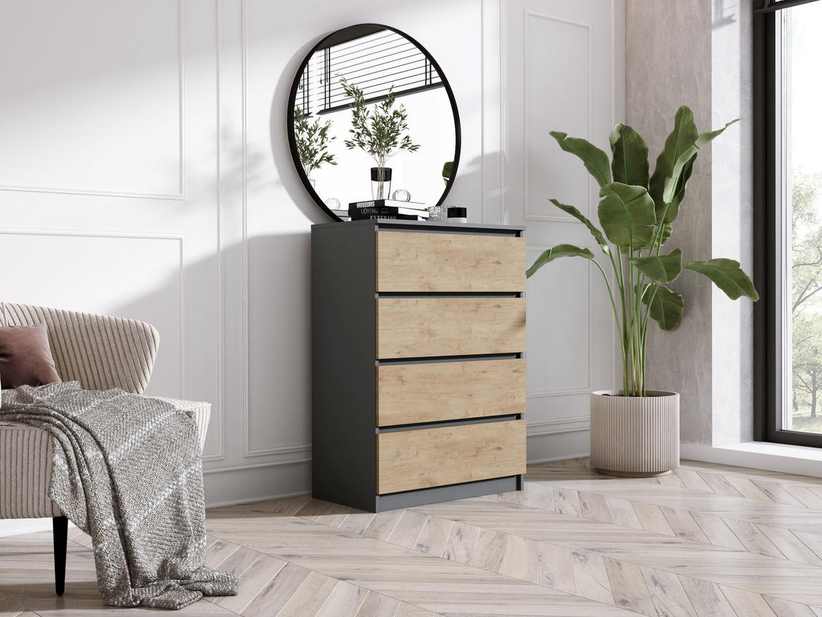 KOMMODE mit 4 Schubladen, Farbe: Anthrazit / Lancelot-Eiche, A: 70 x 101 x 39 cm - Eichefarben/Anthrazit, Holzwerkstoff (70/101/39cm) - 3XE LIVING