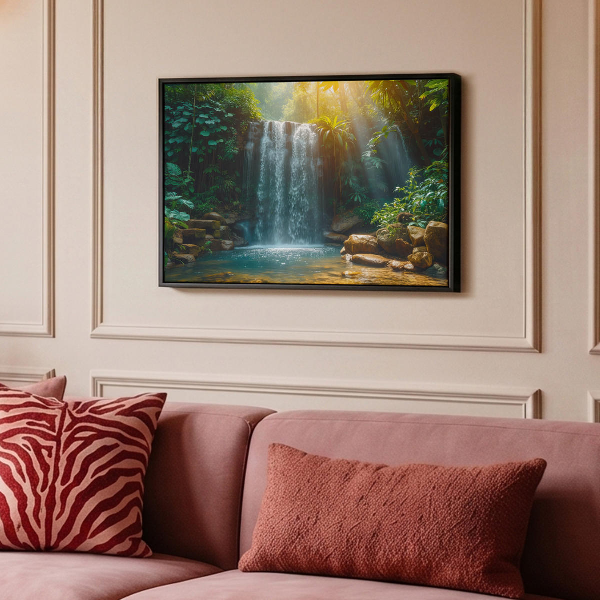 LEINWAND Bilder mit Rahmen - Wasserfall - Dschungel - Sonne - Grün - Natur - 60x40 - Grün, Textil (60/40cm) - MuchoWow
