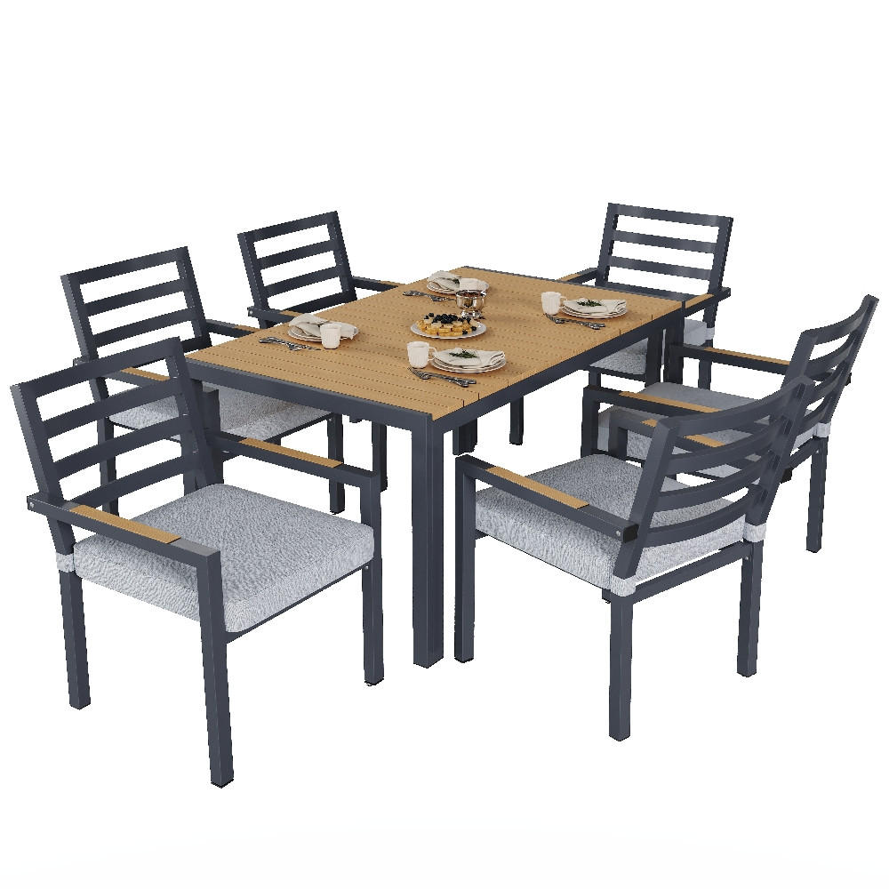 DINING-LOUNGESET 7-teiliges Set Garten-Essgruppe für 6 Personen WETTERFEST Polywood Eisen Grau 143,5/90/72 cm - Grau, Textil - Rolipo