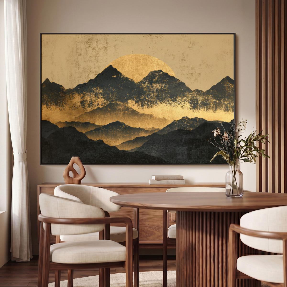 LEINWAND Bilder mit Rahmen - Goldene Berge bei Mondschein - 140x90 - Goldfarben, Textil (140/90cm) - MuchoWow