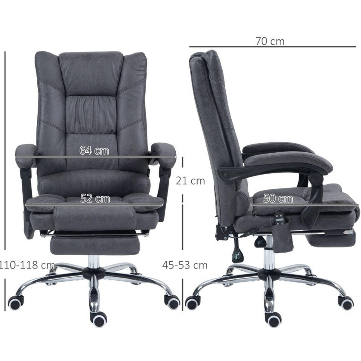 GAMINGSTUHL 64/110-118/70 cm Dunkelgrau aus Polyester mit Massagefunktion - Dunkelgrau, Kunststoff (70/118/64cm) - OKMYHOME