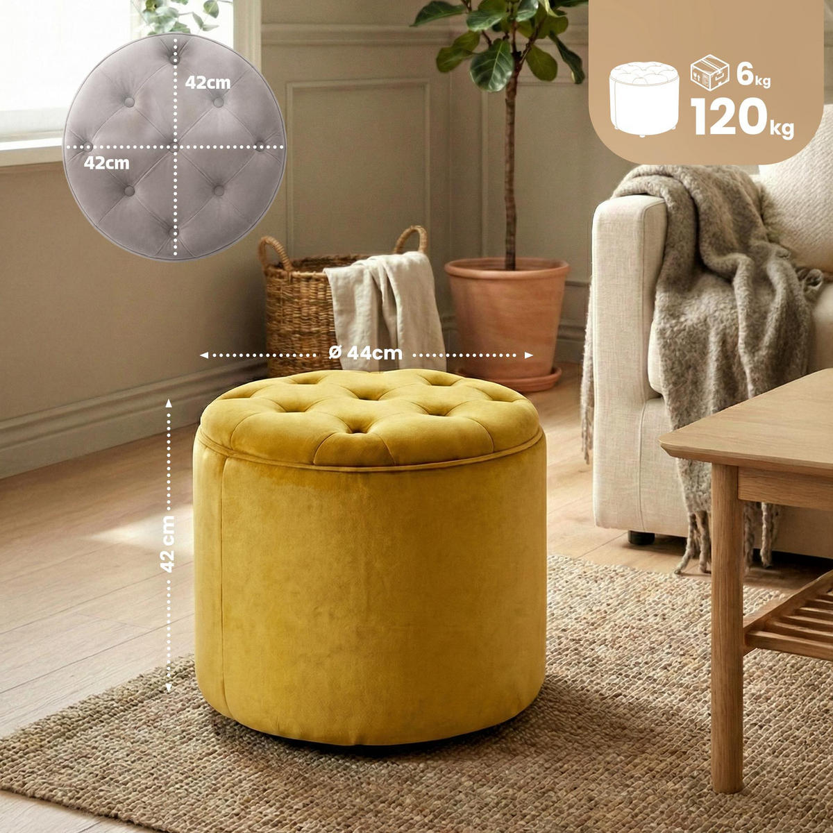 SITZWÜRFEL Samt Gelb - Gelb/Schwarz, Kunststoff/Textil (44/42/44cm) - CLP