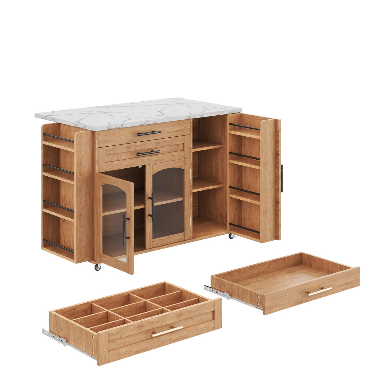 KÜCHENINSEL 120/70/90 cm Natürlich mit 2 Schubladen, Glastüren, Gewürzregal, 5 Rädern und klappbarer Arbeitsplatte - Naturfarben, Holz/Holzwerkstoff (138/90/70cm) - Oxeza
