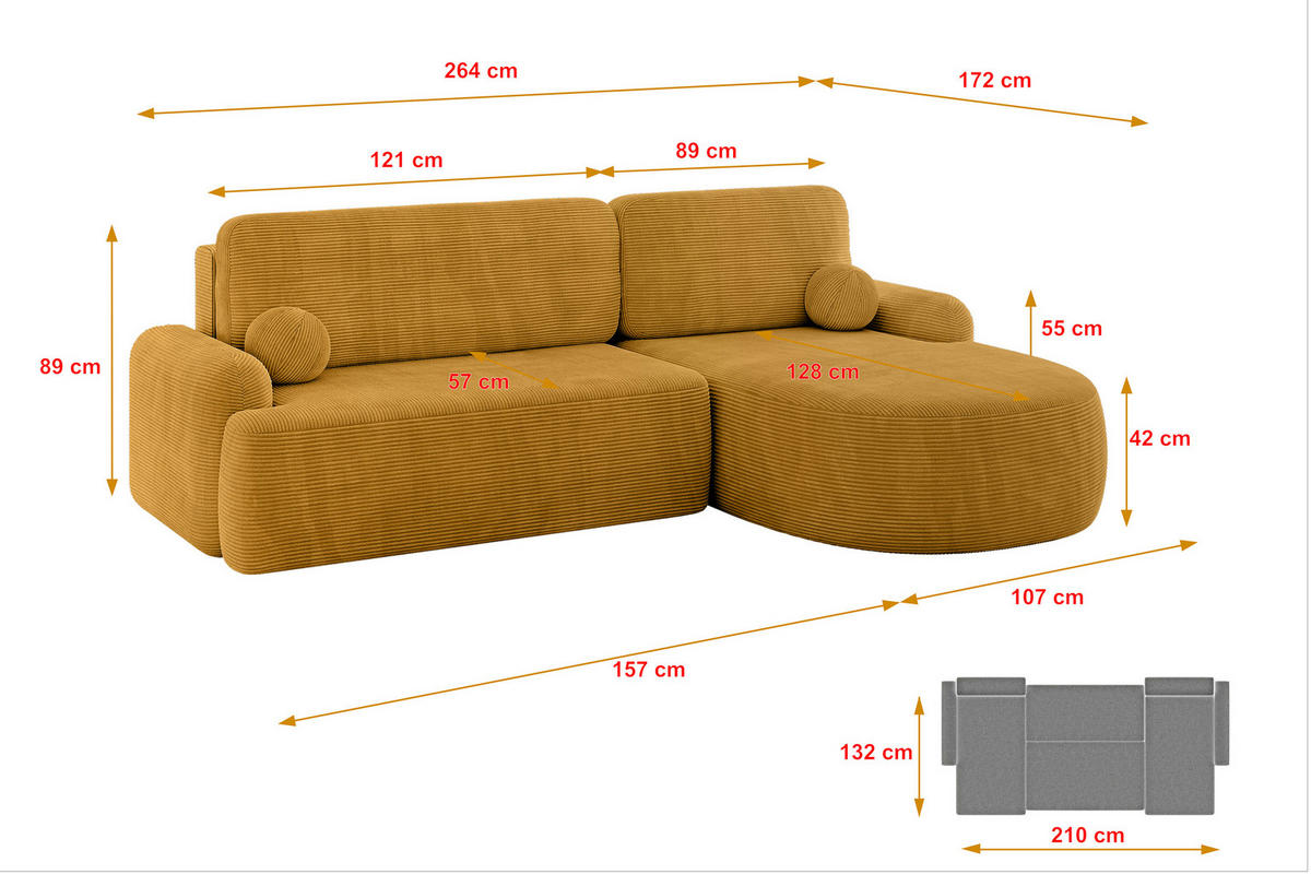 ECKSOFA mit Schlaffunktion und Bettkasten LIRA-L - 264x172x89 Senfgelb - Sandfarben, Holzwerkstoff/Textil (172/264cm) - ALTDECOR