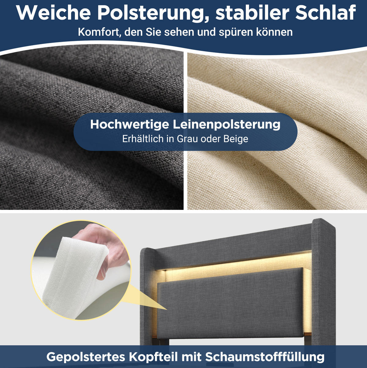 POLSTERBETT 90/200 cm Grau mit Stauraum, LED-Beleuchtung und USB- und Type-C-Anschlüssen - Grau, Textil (90/200cm) - Flora Grace