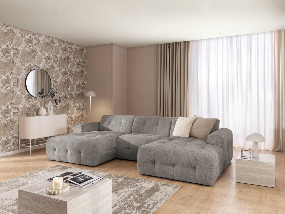 WOHNLANDSCHAFT Kozy im Bumpy-Design mit fester Rückenlehne aus weichem Taupe Chenille-Stoff - Taupe/Schwarz, Holz/Kunststoff (323/79/161cm) - S-Style Möbel