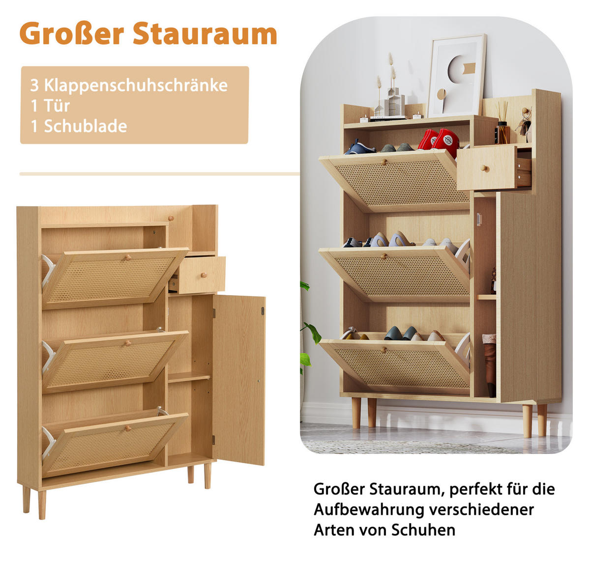 SCHUHSCHRANK 90/125/17 cm in Natur/Weiß mit 3 Klappen und 1 Schublade - Weiß, Holzwerkstoff (90/125/17cm) - Flora Grace