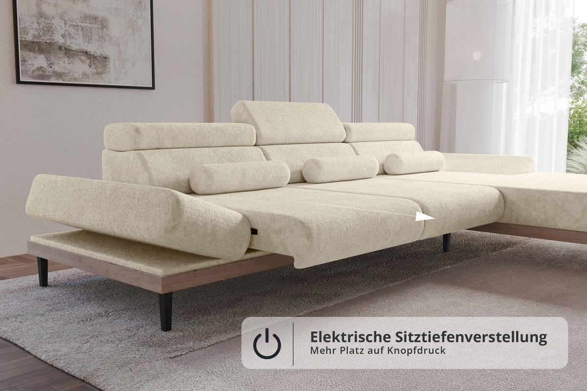 ELEKTRISCHES ECKSOFA Rechts MONA 316x205x85 Creme Velours - Creme, Holzwerkstoff/Textil (316/205cm) - ALTDECOR