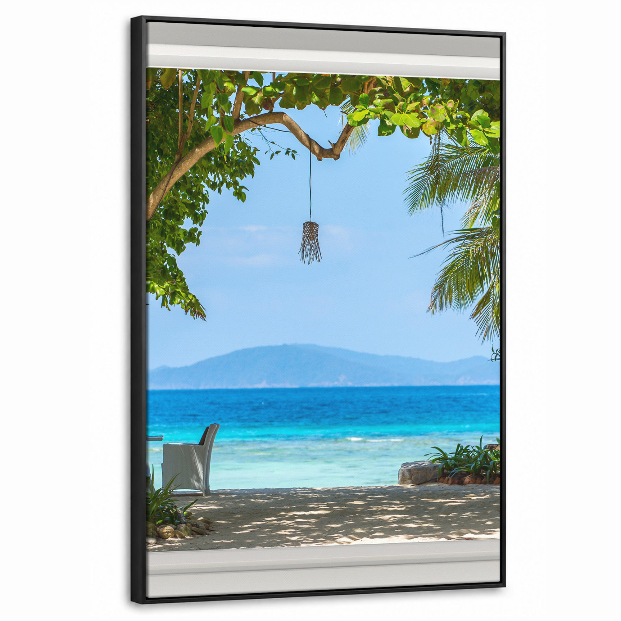 LEINWAND Bilder mit Rahmen - Aussicht - Baum - Meer - Palme - Hügel - Strand - Blau - 60x90 - Blau, Textil (60/90cm) - MuchoWow