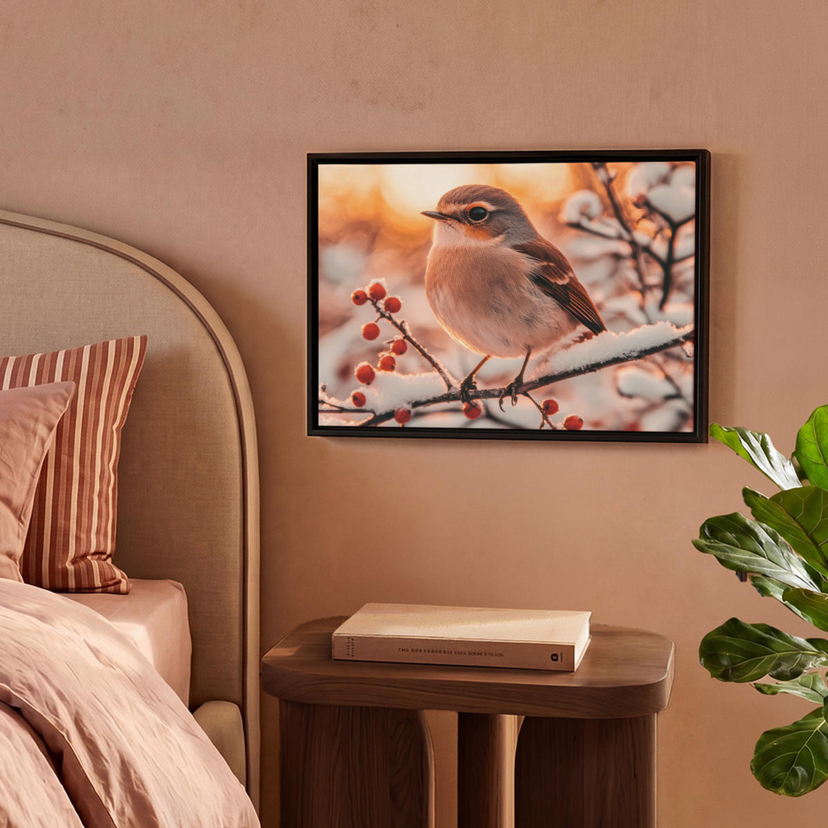 LEINWAND Bilder mit Rahmen - Vogel - Zweig - Winter - Tiere - Schnee - 40x30 - Bernsteinfarben, Textil (40/30cm) - MuchoWow