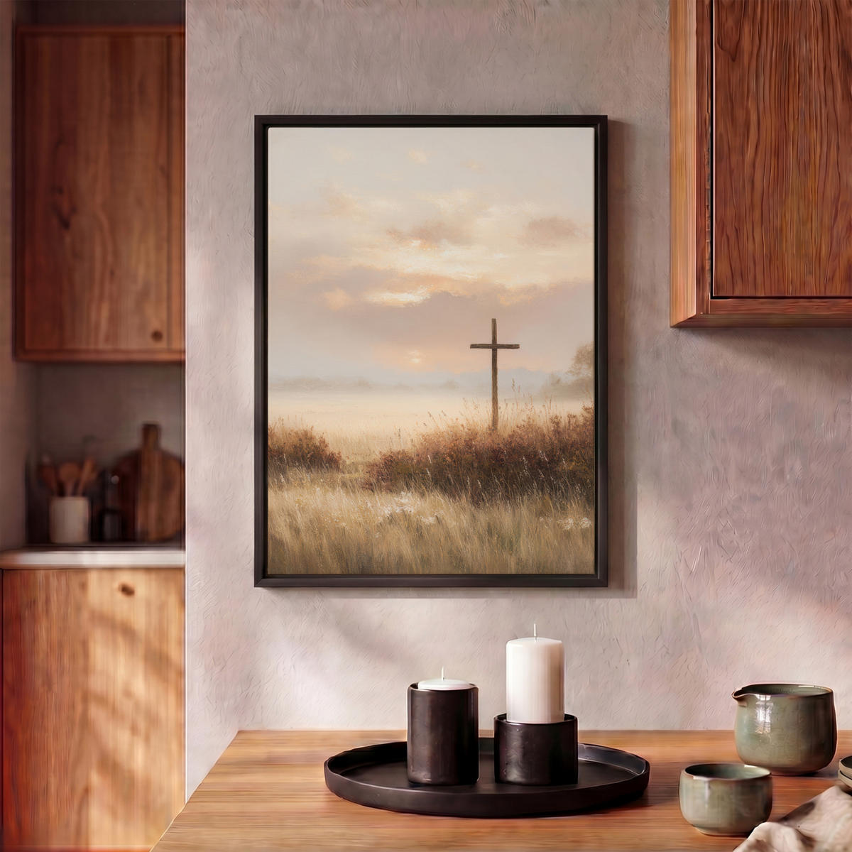 LEINWAND Bilder mit Rahmen - Gras - Morgennebel - Kreuz - Christentum - 30x40 - Beige, Textil (30/40cm) - MuchoWow
