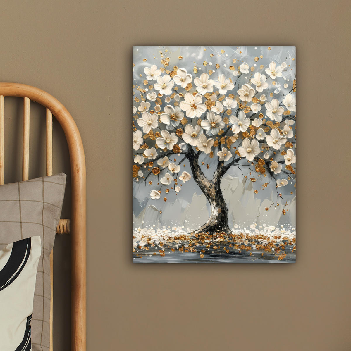 LEINWANDBILD Baum - Blumen - Weiß - Natur - Kunst Room Decor 30x40 cm - Weiß, Textil (30/40cm) - MuchoWow