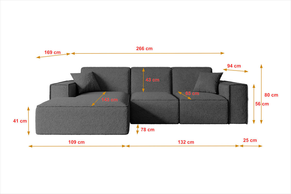 ECKSOFA Ottomane Rechts SERRA-L - 266x169x80 cm Grau Bouclé - Schwarz/Grau, Holzwerkstoff/Kunststoff (266/169cm) - ALTDECOR