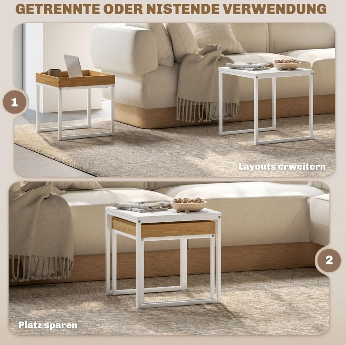 COUCHTISCH 45/45/45 cm, 2er-Set in Weiß mit Tablett und Stahlgestell - Weiß, Metall (45/45/45cm) - Flora Grace