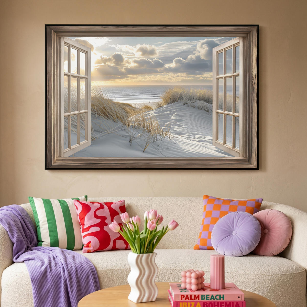 LEINWAND Bilder mit Rahmen - Ausblick - Strand - Dünen - Meer - Natur - 120x80 - Sandfarben, Textil (120/80cm) - MuchoWow