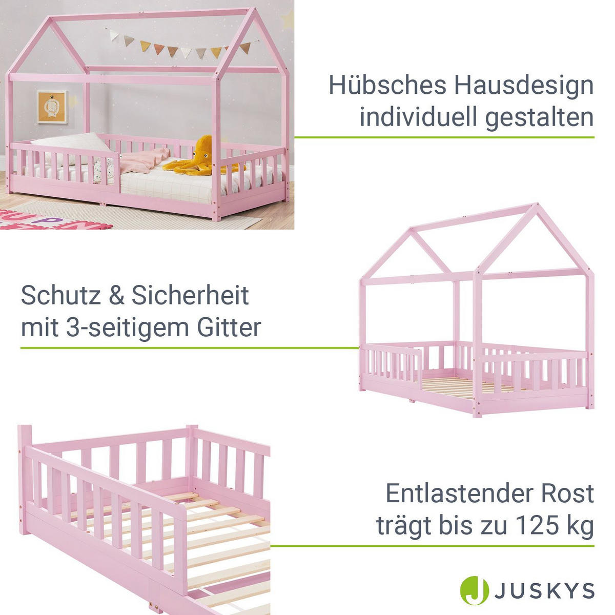 KINDERBETT Marli mit Matratze rosa 90x200 cm - Rosa, Holz (90/200cm) - Juskys