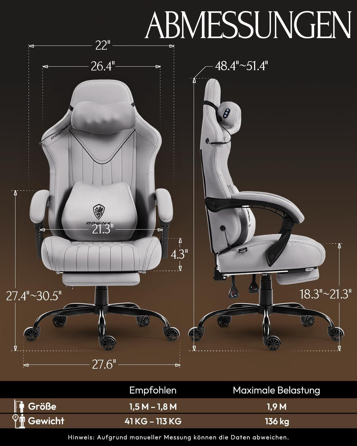 GAMING Stuhl mit Massagefunktion & Lendenwirbelstütze & Nackenstütze - Grau, Leder (56/123/70cm)