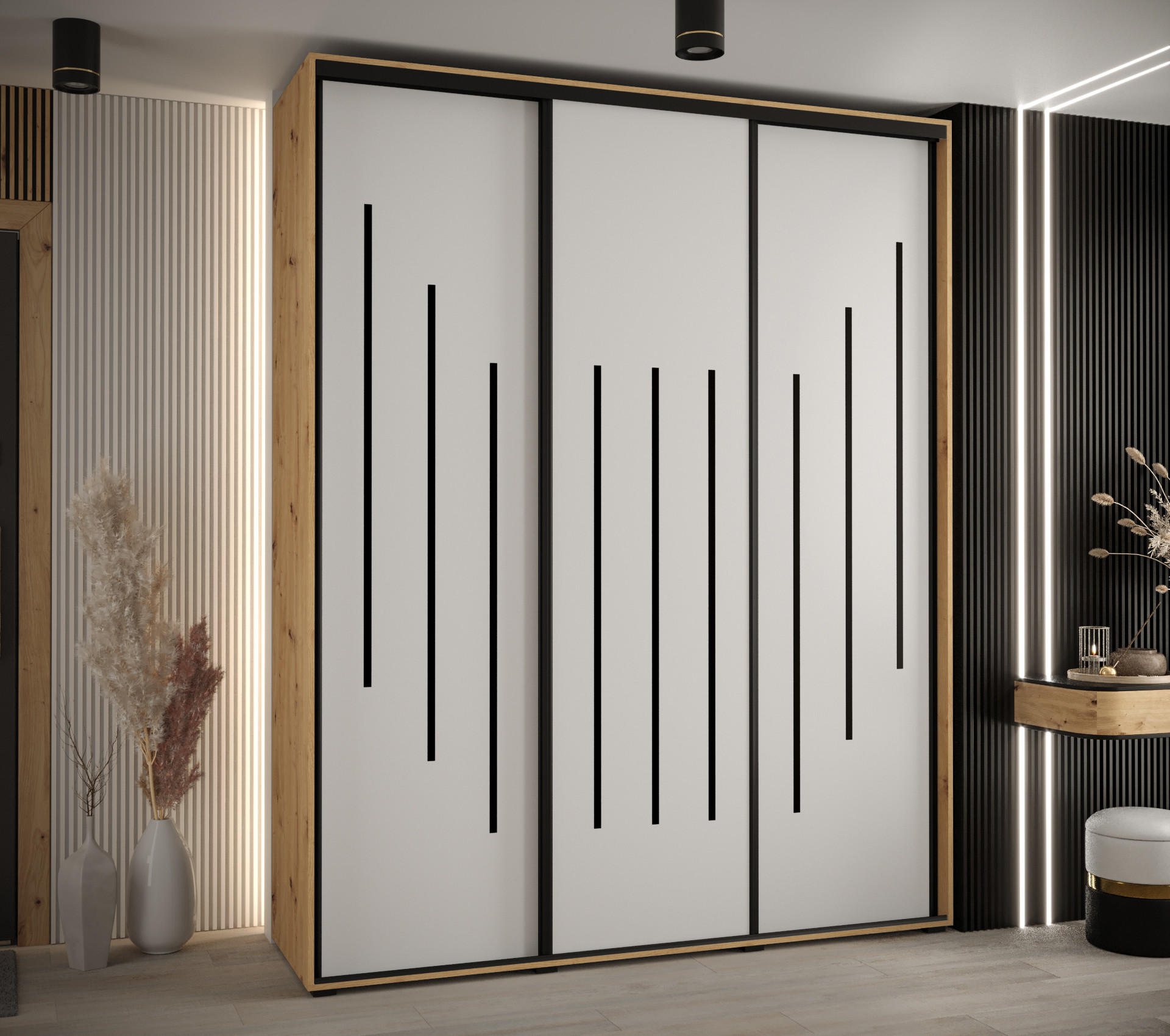 SCHWEBETÜRENSCHRANK 235,2/190/45 3-türig - Schwarz/Eiche Artisan, Holz/Metall (190/235/45cm) - Abiks Möbel