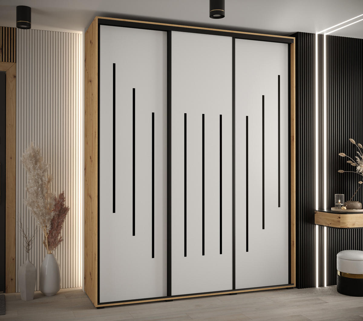 SCHWEBETÜRENSCHRANK 235,2/190/60 3-türig - Schwarz/Weiß, Holz/Metall (190/235/60cm) - Abiks Möbel