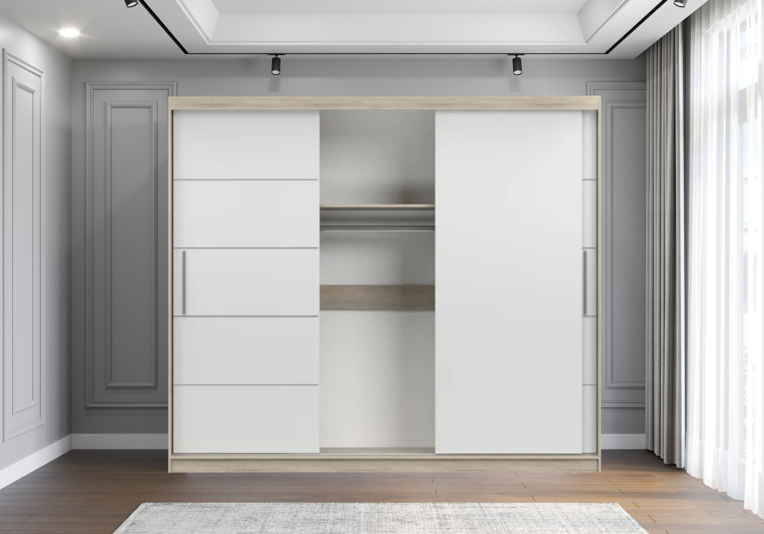 SCHIEBETÜRENSCHRANK - ELBA II Sonoma + Weiß - Schwarz/Weiß, Holzwerkstoff/Metall (250/218/61cm) - Möblo