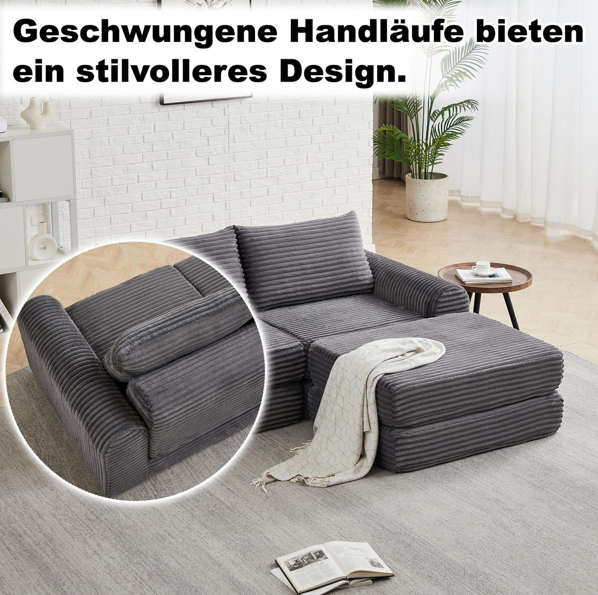 SCHLAFSOFA, Cord mit modularem Aufbau & abnehmbarer Fußstütze, 243/194/53 cm, Grau - Grau, Textil (243/53/194cm) - Redom