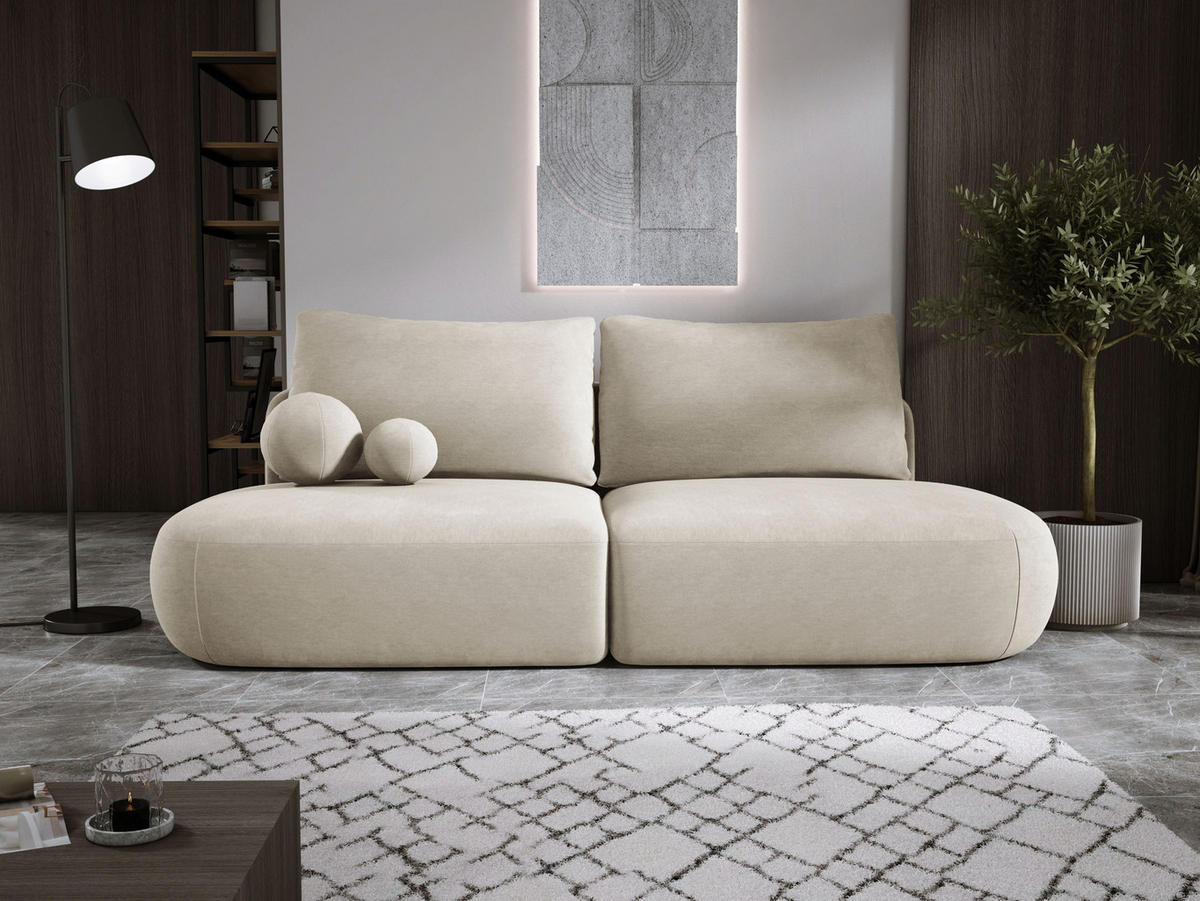 SCHLAFSOFA Moderne BABU mit Schlaffunktion – 3-Sitzer Sofa mit Bettkasten, DL-Automat, 2 Rückenkissen, 2 Zierkissen, 240x90x90 cm, Beige - Beige, Holz/Textil (240/90/90cm) - DomoHome