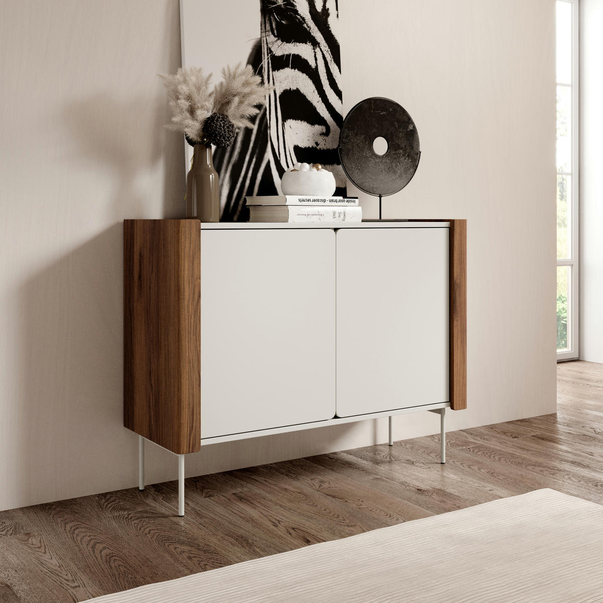 SIDEBOARD Guelph K105 – Nussbaum, Kaschmir, Zweitüriger - Kaschmir/Beige, Glas/Holzwerkstoff (105/82/39cm) - Komodee