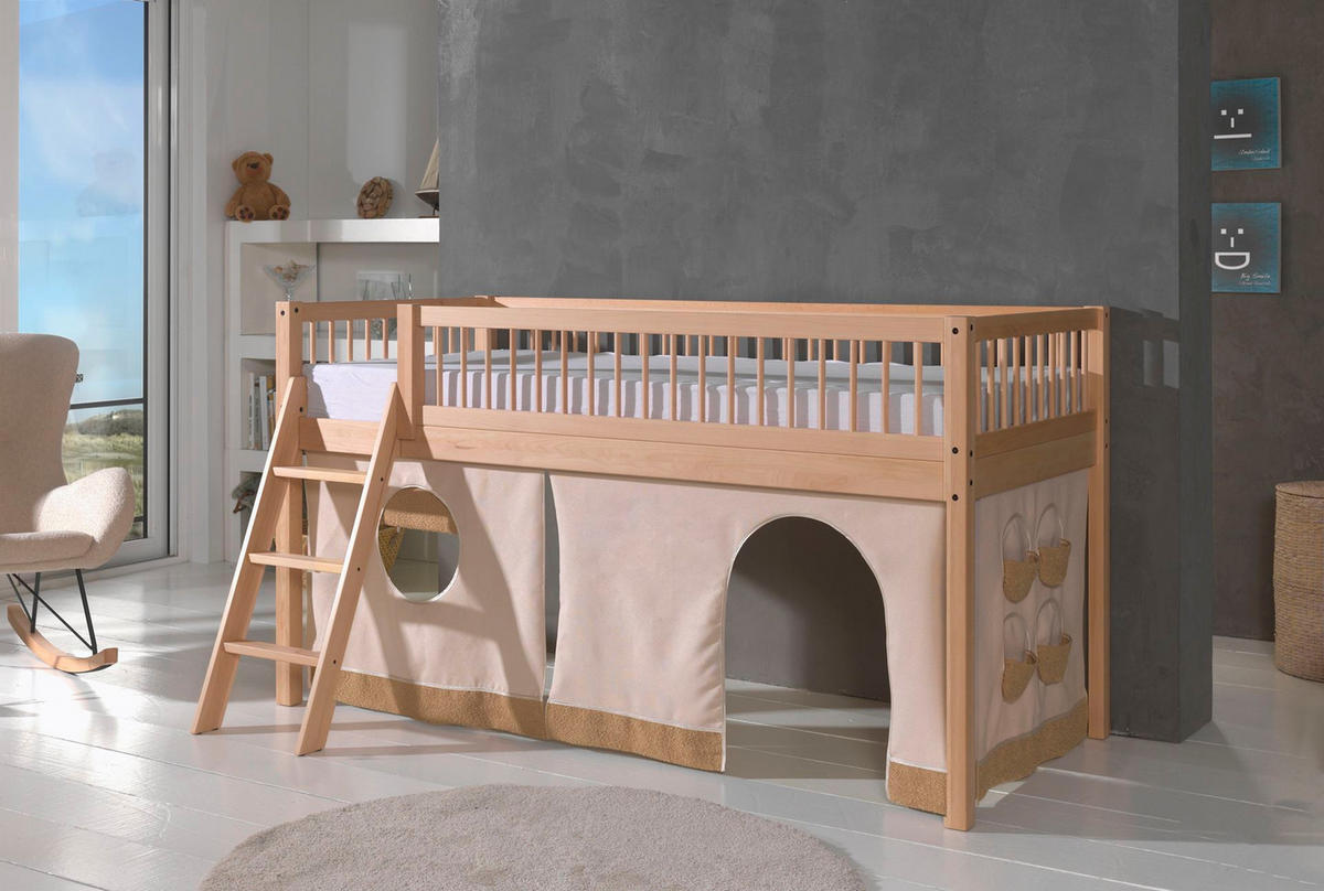 HALBHOHES BETT Kelci 90x200 Leiter + Textilset Buche Massivholz natur - Buchefarben, Holz (90/200cm) - 58aufmkessel