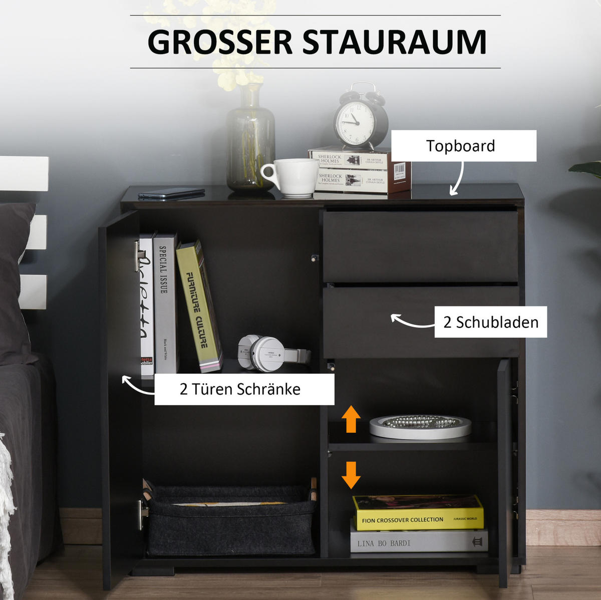 SIDEBOARD aus Holzwerkstoff 36x79x74 cm Schwarz mit 2 Schubladen, 2 Türen, verstellbarem Einlegeboden und Kippschutz - Schwarz, Holzwerkstoff (79/74/36cm) - Modfu