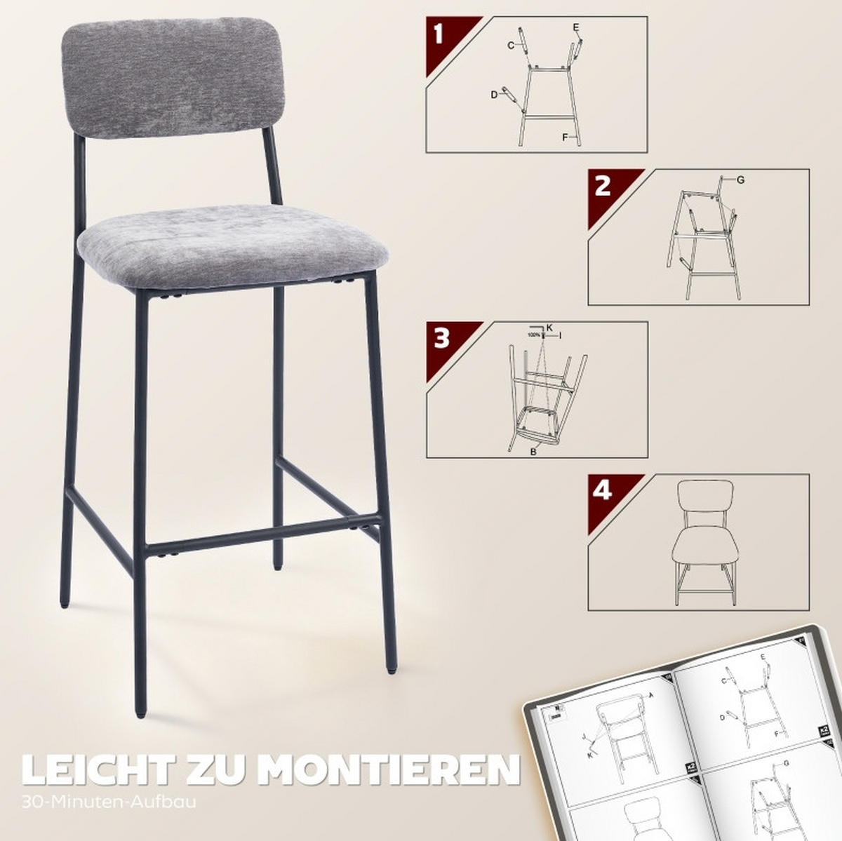 BARHOCKER 2er-Set Grau mit Rückenlehne und Fußstütze - Grau, Textil (45.5/101/48cm) - MIVRAY