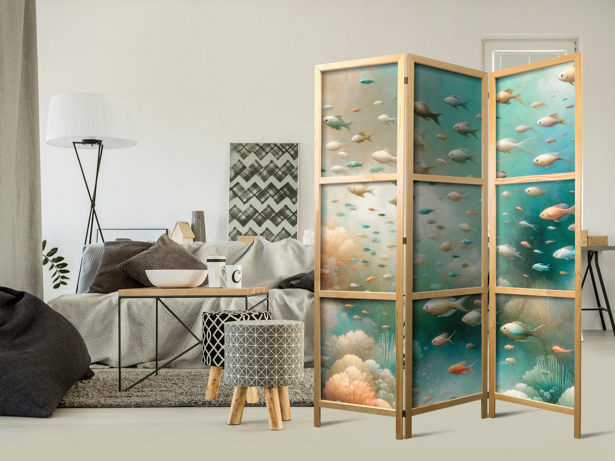 PARAVENT Japanischer 3-tlg 135x172 cm Bunte Fische und Pflanzen - Grün, Holz/Textil (135/172/3cm) - Muralo