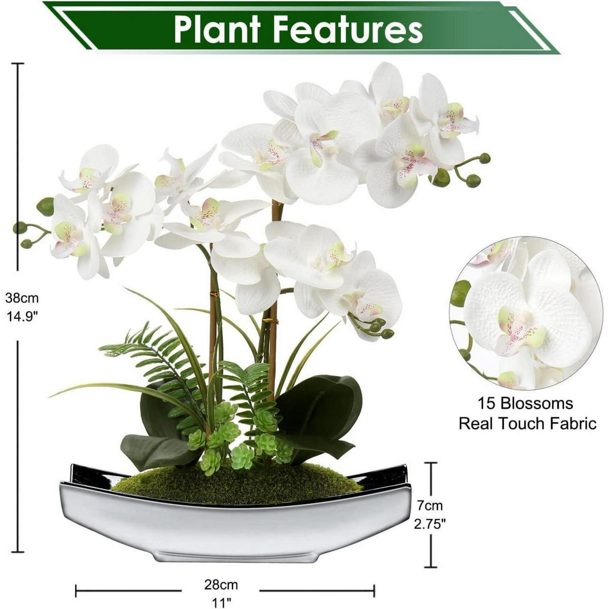 KUNSTBLUMEN Orchidee Phalaenopsis 38 cm Weiß Silbertopf - Weiß, Kunststoff (38cm)