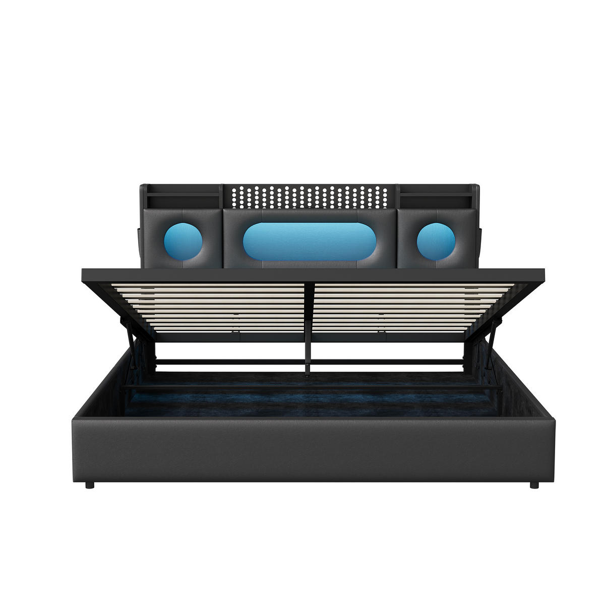 POLSTERBETT 140/200 cm Schwarz mit hydraulischem Stauraum, LED-Kopfteil mit Ablage und USB-Anschluss - Schwarz, Metall (140/200cm) - EuroLiving