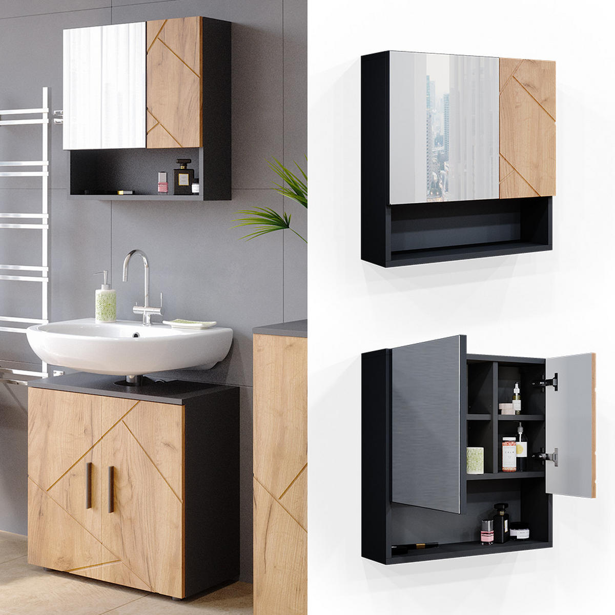 BADSPIEGELSCHRANK Irma Goldkraft Eiche/Anthrazit 54 x 55 cm - Anthrazit/Eiche Wotan, Holzwerkstoff (54/55/16.9cm) - Vicco