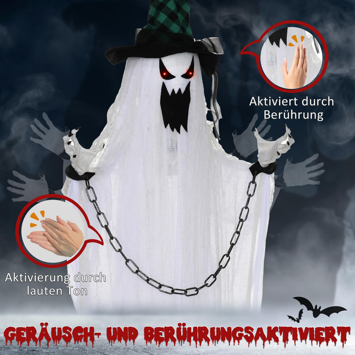 HALLOWEEN-DEKORATION hängender Geist 204 cm mit Geräuschaktivierung, Soundfunktion - Multicolor, Textil (16/204/88cm) - HOMCOM