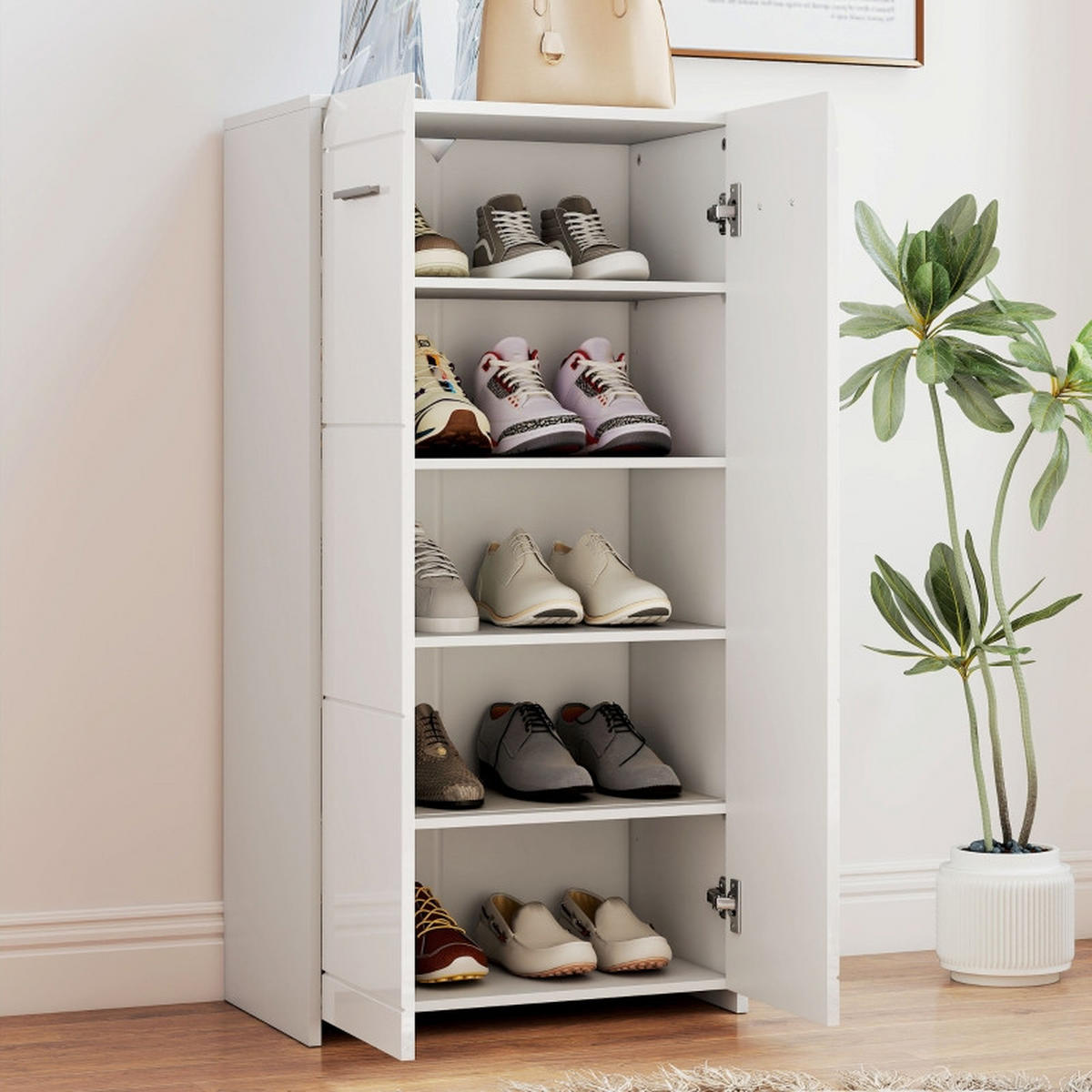 SCHUHSCHRANK 55/36/108 cm Weiß aus Holz mit verstellbaren Regalen - Weiß, Holz (55/108/36cm) - OKWISH