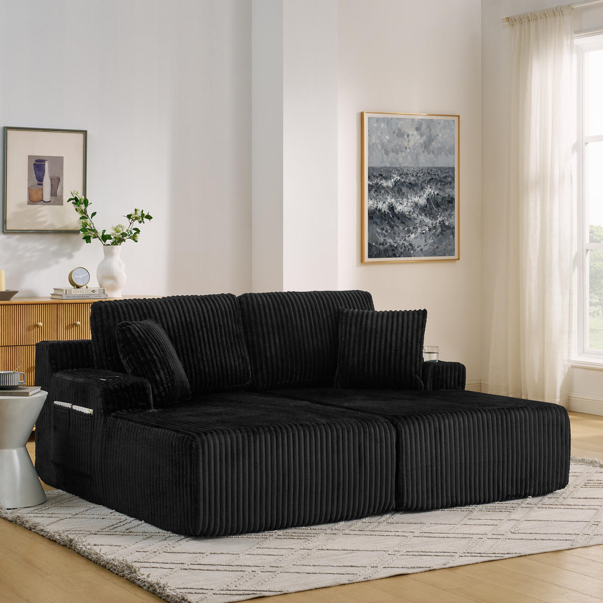 SCHLAFSOFA 186/154/78 cm Schwarz Cord mit seitlicher Magazintasche und Getränkehalter - Schwarz, Textil (186/78/154cm) - Oxeza