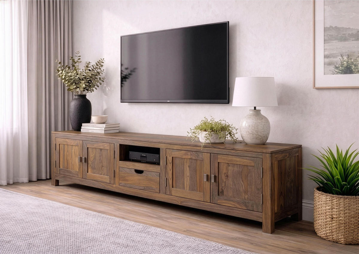 TV-BOARD Sheesham 220x45x56 grau geölt NATURE GREY #38 - Grau, Holz (220/56/45cm) - Massivmoebel24