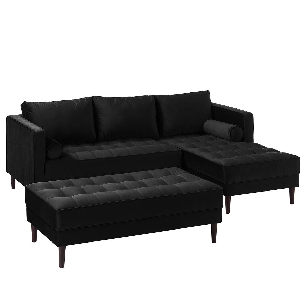 ECKSOFA - Samt - Dunkelbraun/Schwarz, Birkenholz/Textil (201/155cm) - home24