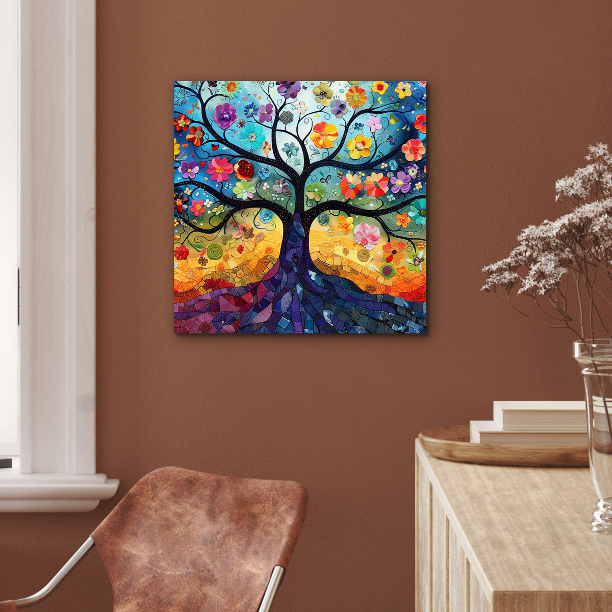 KOVOVÝ OBRAZ Umenie - Strom života - Kvety - Hippie 50x50 cm - tmavomodrá, kov (50/50cm) - MuchoWow