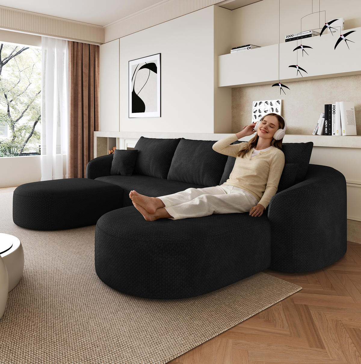 ECKSOFA 266/168/85 cm schwarz aus Stoff mit modularer Form und ohne Montage - Schwarz, Textil (168/266cm) - OKWISH