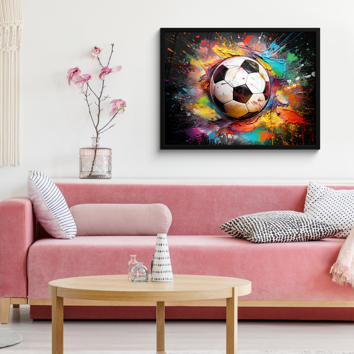 POSTER MIT RAHMEN Fußball - Farbe - Farben - Schwarz - Weiß 80x60 cm - Weiß, Papier (80/60cm) - MuchoWow
