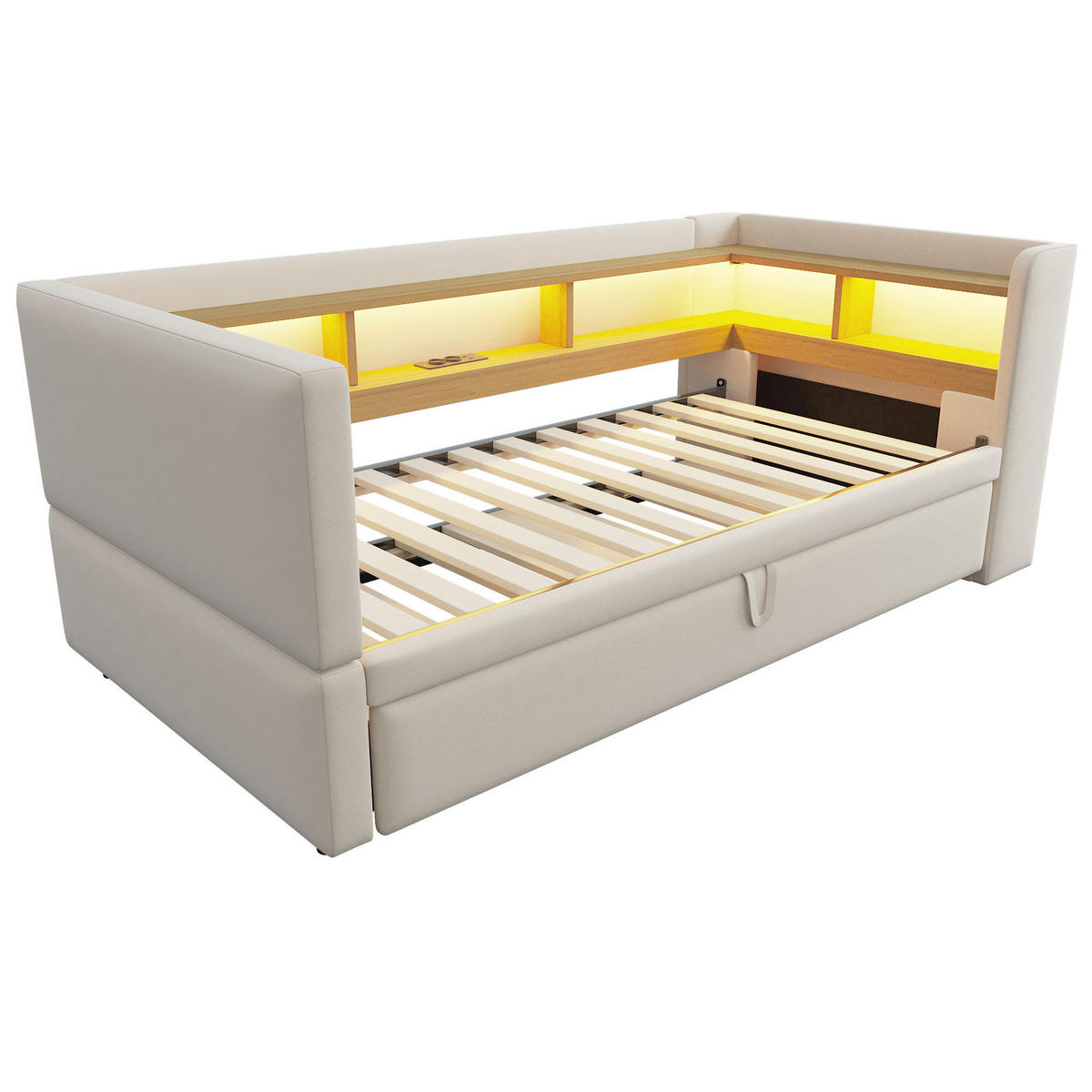 AUSZIEHBETT 90/180/190 cm DE-01990, in Beige, mit LED, Steckdosen und Staufächern - Beige, Metall (90/190cm) - ComfortXL