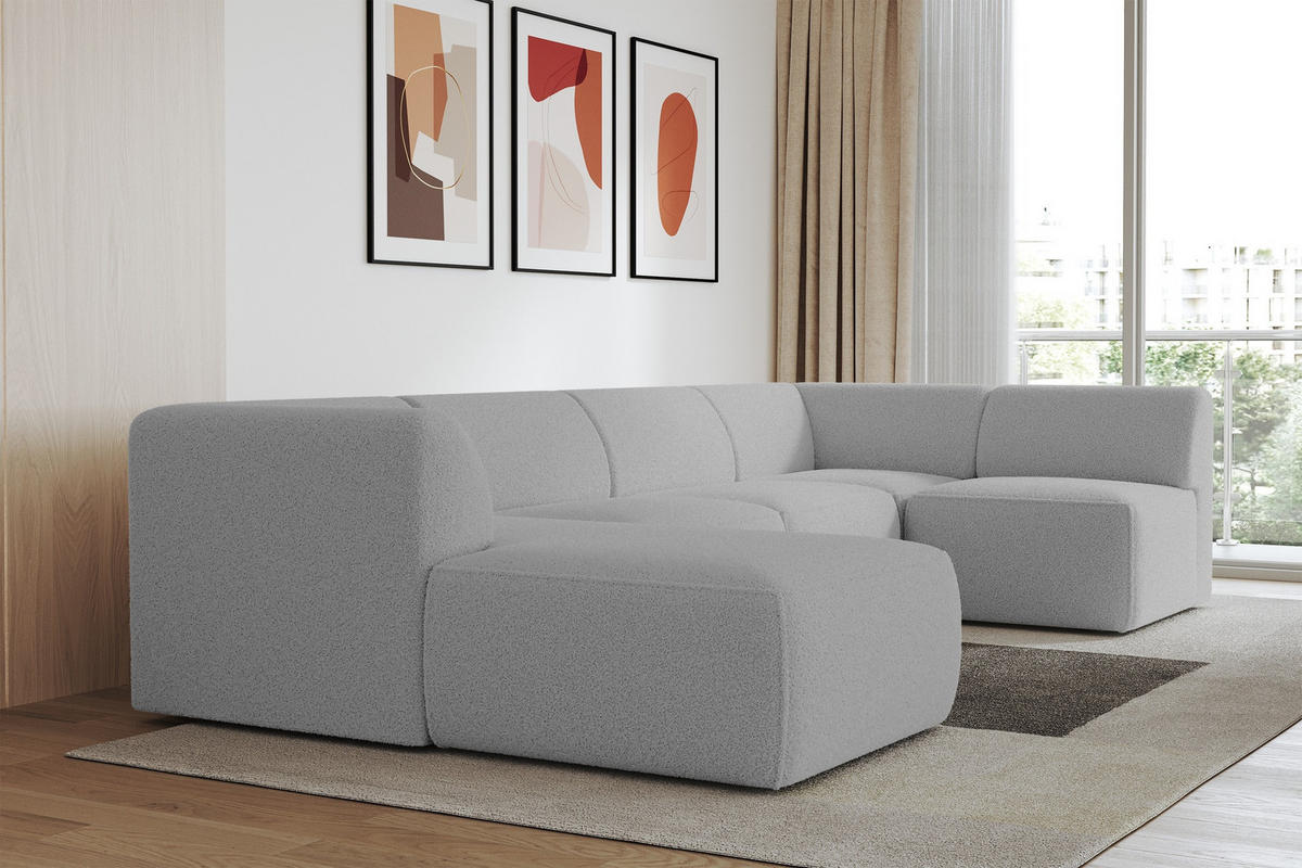 WOHNLANDSCHAFT Ottomane Links MOVA 345x180x78 Hellgrau Bouclé - Silberfarben/Hellgrau, Holzwerkstoff/Kunststoff (180/78/345cm) - ALTDECOR
