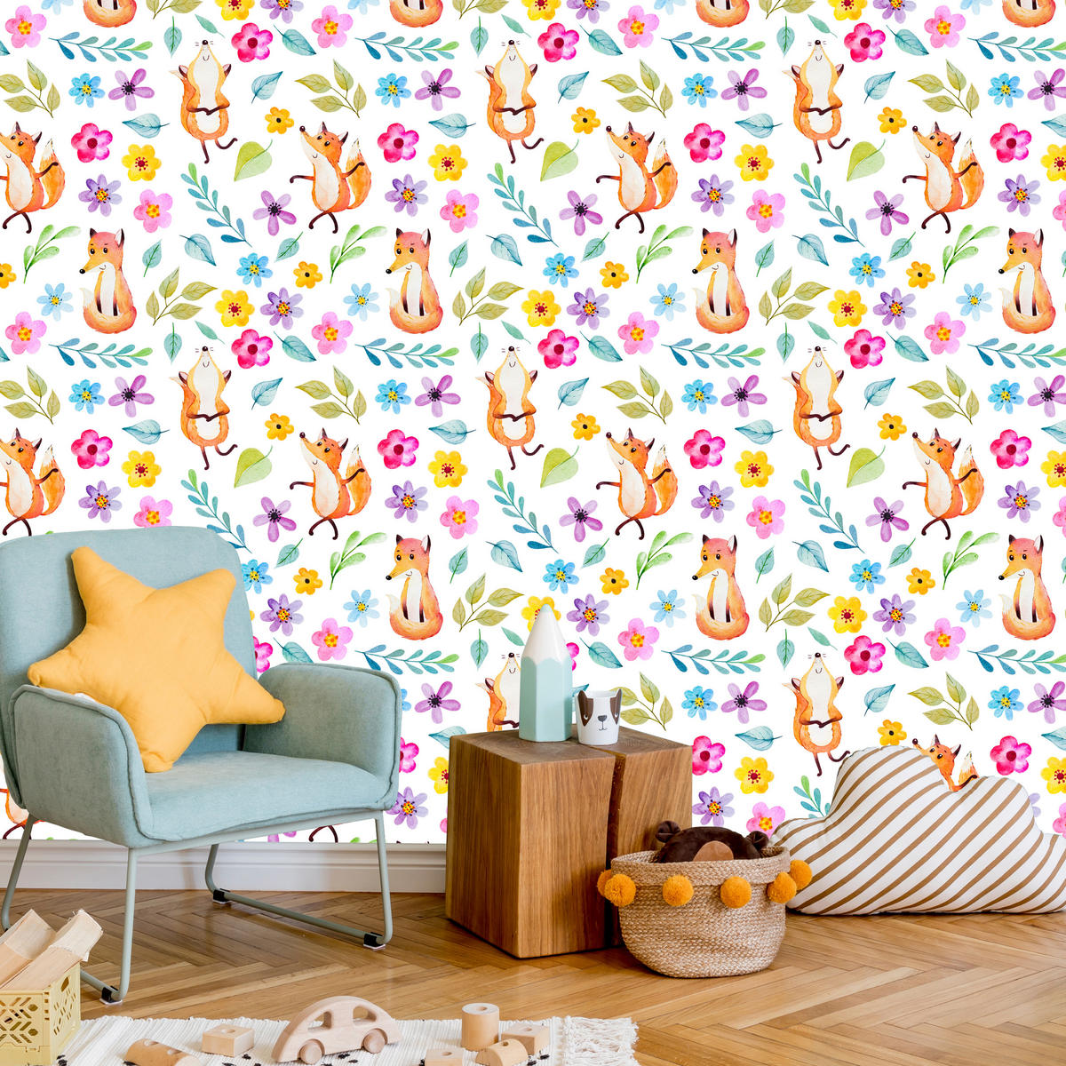 VLIESTAPETE Füchse und Wiesenblumen – Orange, Bunt, Weiß – 50x1000 cm - Multicolor/Orange, Papier (50/1000cm) - Muralo